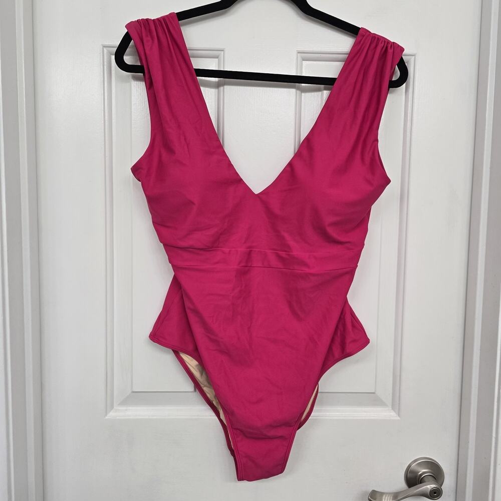 SUMMERSALT Womens One Piece Swimsuit Sz 12 Hot Pink V Neck Front Square Back - Picture 2 of 9